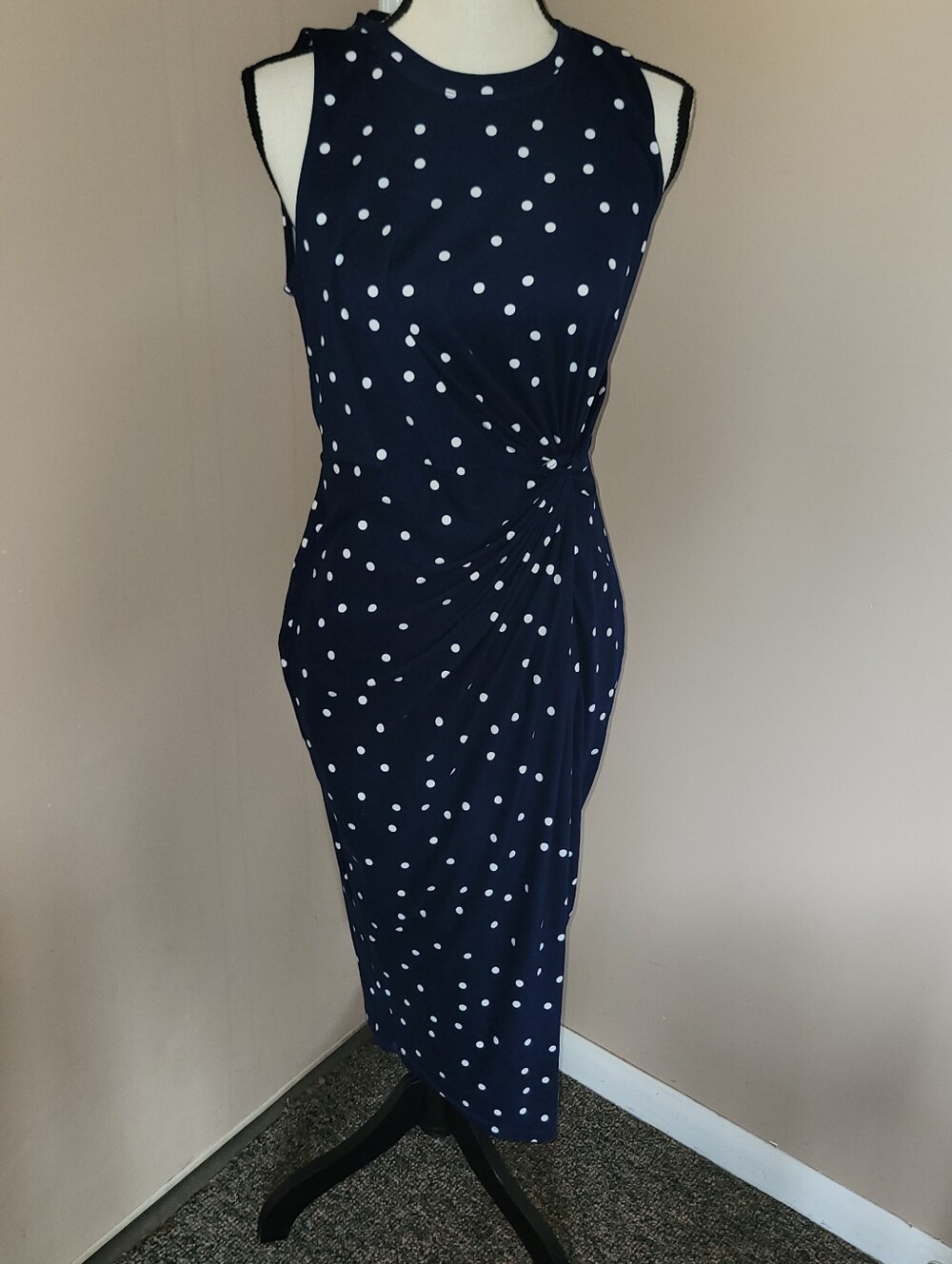 nine britton Navy Blue Polka Dot Twist Midi Dress